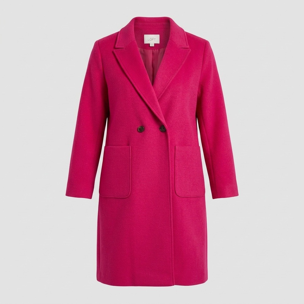 LOFT Petite Doubleface Modern Coat Womens LP Magenta Pink Long Double Breasted
